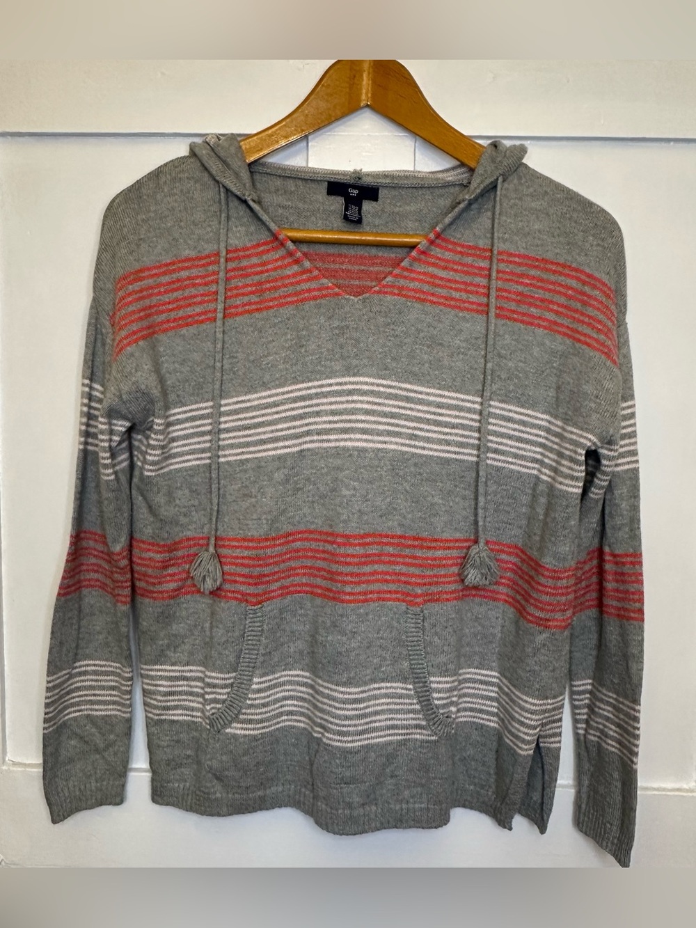 GAP Women’s Oversized Gray Hooded Sweater with Pink and White Stripes